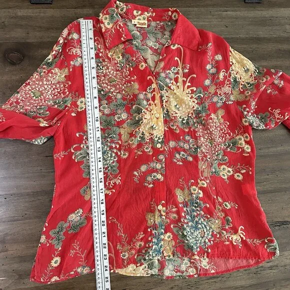 Tianello Womens Top Blouse Sz L Suzy Button Up Red Boho Floral Rayon USA Artsy - Picture 11 of 12